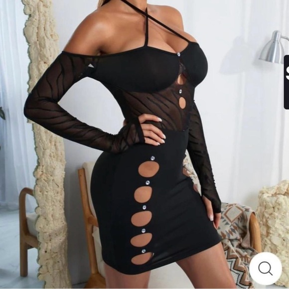 Katch me black STRAP HALTERNECK CUT OUT SPANDEX BODYCON DRESS - Picture 1 of 4
